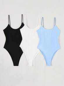 SHEIN BASICS 3pcs/Set Women Solid Color Knit Camisole Bodysuit, Casual & Fitted - Multicolor - View 1