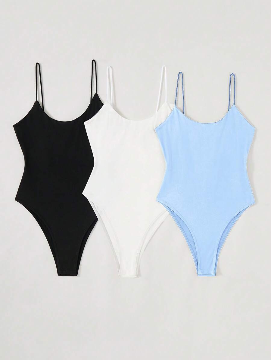 SHEIN BASICS 3pcs/Set Women Solid Color Knit Camisole Bodysuit, Casual & Fitted - Multicolor - View 1
