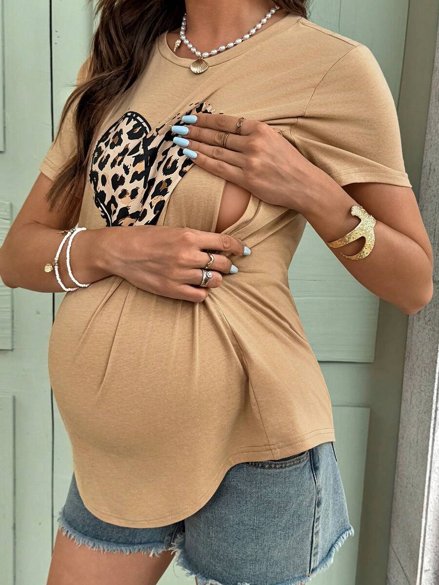 SHEIN Khaki Chest Printed Nursing Tops Maternity T-Shirts Suitable For Summer Maternity T-Shirts Nursing Tops - Khaki - View 1
