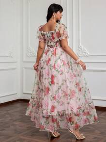 Lyrianda 大码甜心领泡泡袖度假欧根纱浪漫花卉印花荷叶边下摆优雅可爱复古长款 A 字连衣裙，女式，春夏，粉色 - 粉色 - 查看 2