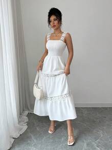 Elenzga Elegant Solid Color Lace Patchwork A-Line Long Dress, Summer - White - View 3