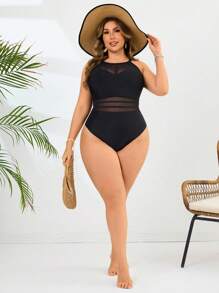 Swim Lushoire Plus Size Women's Elegant Black One-Piece Swimsuit With Semi-Sheer Mesh Panels And Tie Back Detail