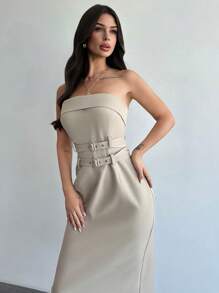Firerie Nuevo estilo de vestido casual y elegante de verano con apariencia de lino, con doble cinturón, hombros descubiertos y abertura - Caqui - Ver 5
