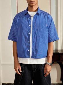 SWAVVY Men's Woven Casual Striped Short Sleeve Loose Fitting Blue Button Up Shirt, Youthful Daily Wear - Blue - View 2