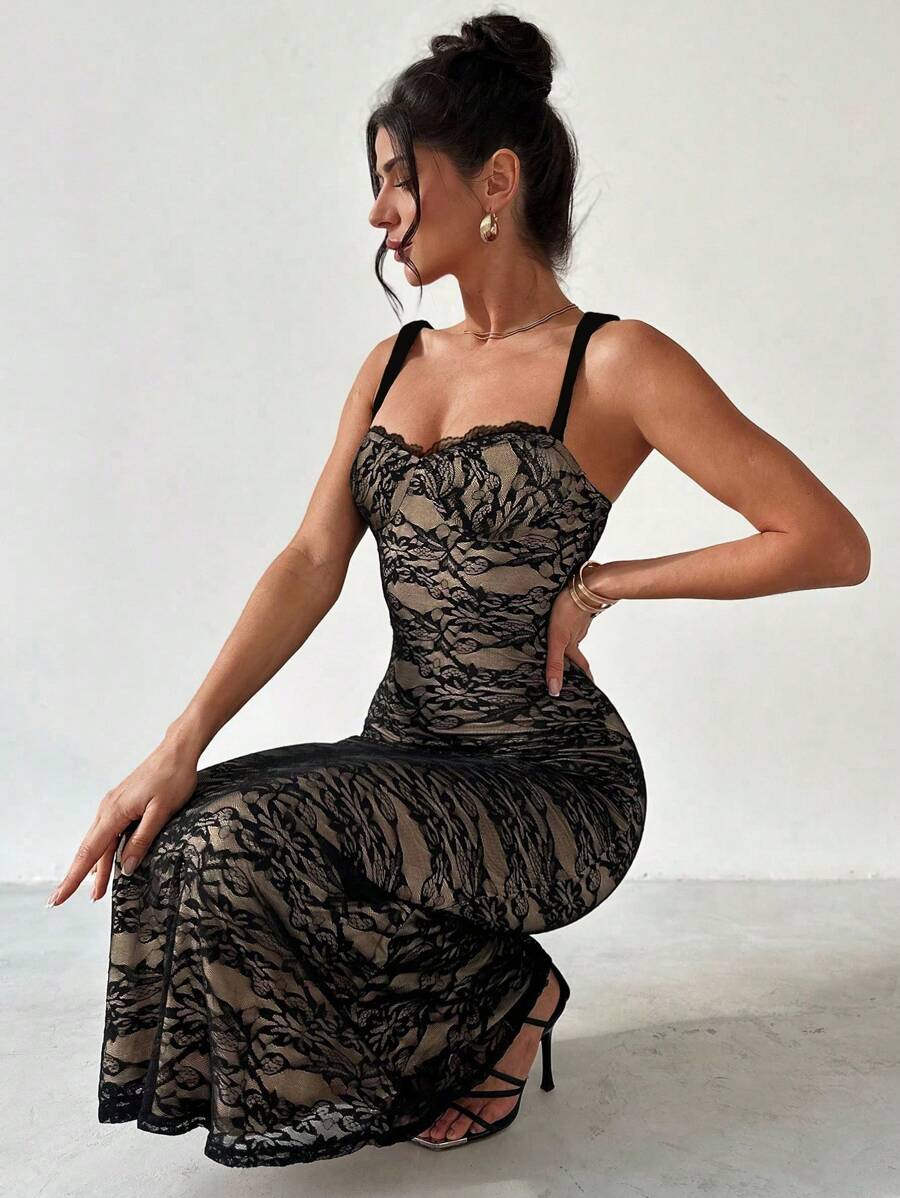 Firerie Festival Summer Valentine's Day New Elegant Romantic Sexy Party Bustier Silhouette Bodycon Lace Wide Strap Black Mermaid Maxi Dress - Black - View 1
