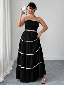 Elenzga 2pcs/Set Plus Size Women Vacation Layered Wave Pattern Crop Top And Skirt - Black - View 3