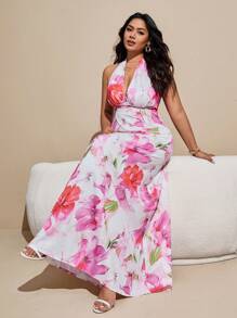 Viva Relle Große Größen Kleid mit tiefem V-Ausschnitt, rückenfreiem Design und Blumenmuster, sexy - Verschiedenfarbig - Übersicht 3
