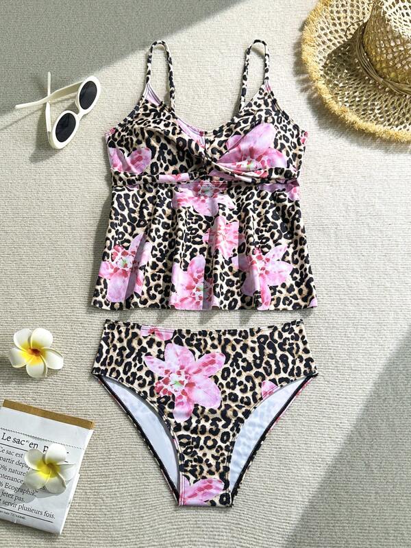 Teen Girls' Floral & Leopard Print Twist Ruffle Tankini Swimsuit Set, Bathing Suits For Teens Sets