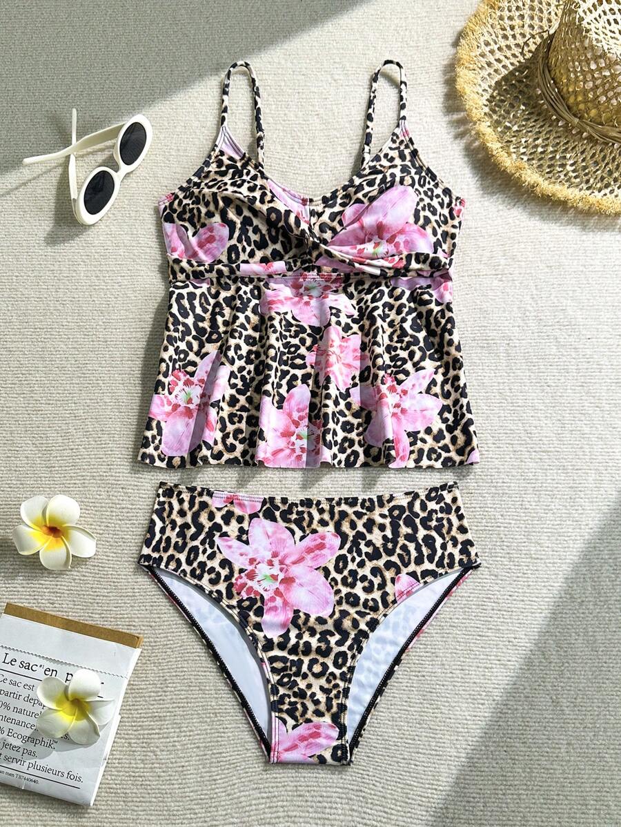 SHEIN Teen Girls' Floral & Leopard Print Twist Ruffle Tankini Swimsuit Set, Bathing Suits For Teens Sets Summer Holiday - Multicolor - View 1