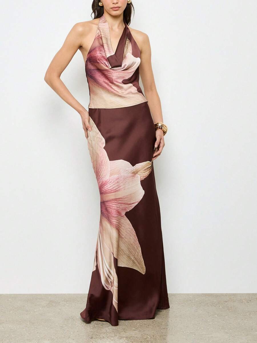 AiiRZ Long Evening Occasion Maxi Skirt Floral Print Satin Bridesmaid Wedding Holiday Party Formal Wear - Brown - View 1