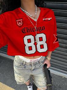 SHEIN EZwear Women Casual V Neck Loose Short 5/8 Sleeve Mesh T-Shirt, Suitable For Summer Sports, With Number 88 & Star Pattern Back To School Chic