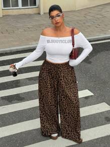 Muchica Plus Size Loose Straight Leg Pants With Leopard Print, Casual, For Autumn/Winter