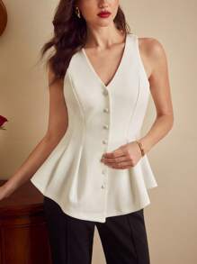 Vintamour Elegantes Vintage-Tank Top für Damen, Frühling/Sommer, tailliertes ärmelloses Tank Top mit Rüschensaum, Tank Top im Retro-Stil, Hochzeitsgastkleid, Urlaubsoutfits für Damen, Festival-Outfits, schulterfreies Top für Damen, Ausgeh-Tops, Business-Casual, Arbeitskleidung für Damen, Lehrer-Outfits für Damen, weißes Hemd, Tank Tops - Weiss - Übersicht 4