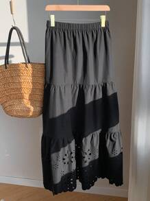 SHEIN EZwear Plus Size Women Solid Color Casual Vacation Versatile Crinkle Skirt - Black - View 6