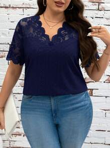 SHEIN Clasi Plus Size Solid Color Camisole And Tank Top, Fashionable For Summer Lace - Navy Blue - View 3