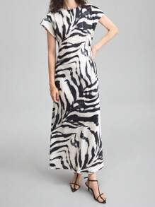 Ontre Vestido con estampado elegante y urbano, cuello redondo y mangas acampanadas, apropiado para otoño, Día del Maestro, Día de la Independencia, vestido largo, ropa de verano, material de crepé, vestido para ir a la oficina, nueva colección 2025