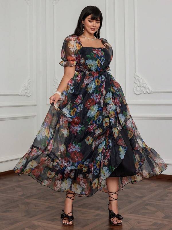 Lyrianda Rochie lungă elegantă și drăguță pentru femei, cu volane, guler pătrat, scurtă, cu mânecă bufantă, din organza și imprimeu floral, plus mărime