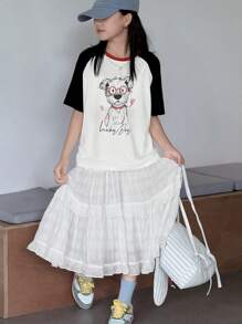 DAZY Tween Girls' Casual Colorblock Cartoon Dog Print T-Shirt With Raglan Sleeves, Summer,Back To School Clothes