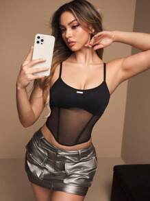 女士透视网眼拼接性感文胸 - 黑色 - 查看 1