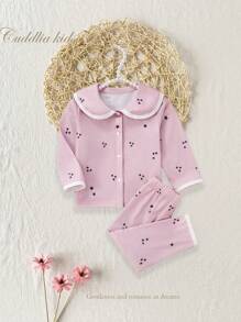 2pcs/Set Baby Girl Cute Star Print Ruffle Collar Top And Pants Pajama Set Baby Girl Clothes Set - Dusty Pink - View 1