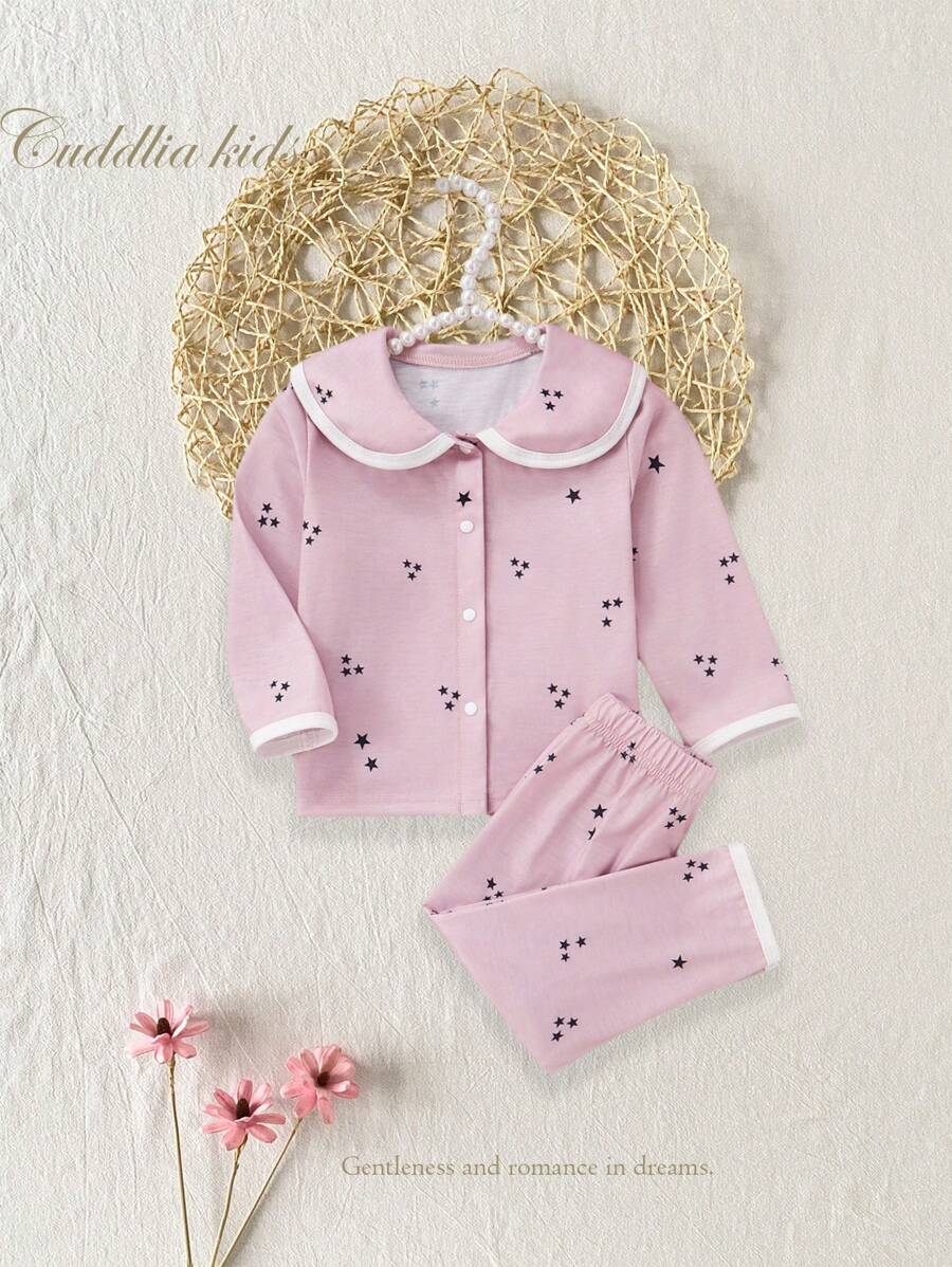 2pcs/Set Baby Girl Cute Star Print Ruffle Collar Top And Pants Pajama Set Baby Girl Clothes Set - Dusty Pink - View 1