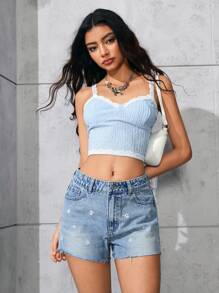 SHEIN EZwear Women Daisy Embroidery Frayed Hem Denim Shorts, Summer Casual