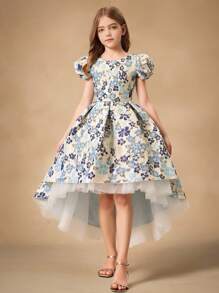 Floral Jacquard Puff Sleeve High-Low Contrast Mesh Ruffle Flower Girl Dress For Weddings, Formal Occasions, Parties, Birthdays, Holiday Events - Blue - View 1