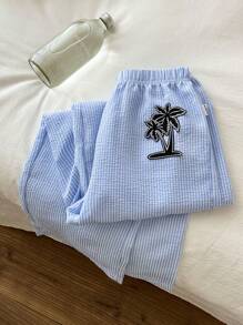 SHEIN 青少年男孩夏季轻便度假蓝色泡泡条纹宽松裤 - 藍色 - 查看 3