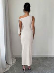 Rafferiza Robe longue fendue, élégante, sexy et mignonne pour les dates de la Saint-Valentin, les soirées et les vacances. En matière tricotée à haute élasticité, avec texture plissée et épaules obliques. Coupe près du corps