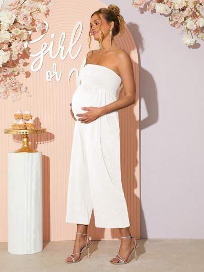 Loomaby 孕妇纯色连体裤，褶皱设计，阔腿，时尚抹胸款式