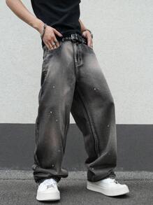 Manfinity EMRG Men's Casual Street Washed Loose Straight Leg Jeans With Slant Pockets - Multicolor - View 3