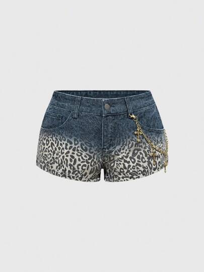 J-Fashion Shorts vaqueros súper cortos, de tiro bajo, skinny, con estampado de leopardo y detalles dorados retro en estilo Y2K Gyaru para mujeres