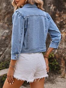 SHEIN LUNE 女式长袖单排扣休闲百搭牛仔夹克 - 淺色水洗藍 - 查看 6