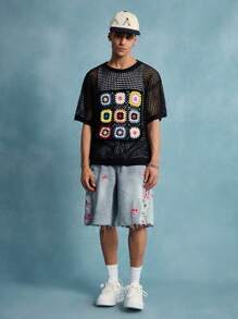 ROMWE MEN Casual Jersey cuello redondo retro para hombre con patchwork y tartán abuela, moda