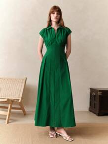 Arave 法式高腰修身褶饰 V 领无袖开衩中长连衣裙，适合办公室/通勤 - 綠色 - 查看 6