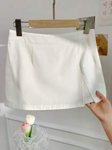 SHEIN EZwear 白色低腰休闲纯色女士开衩裙 - 白色 - 查看 11