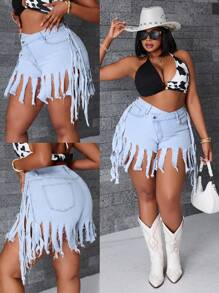 SHEIN SXY Pantaloni scurți la modă cu ciucuri de mărime Plus pentru vară