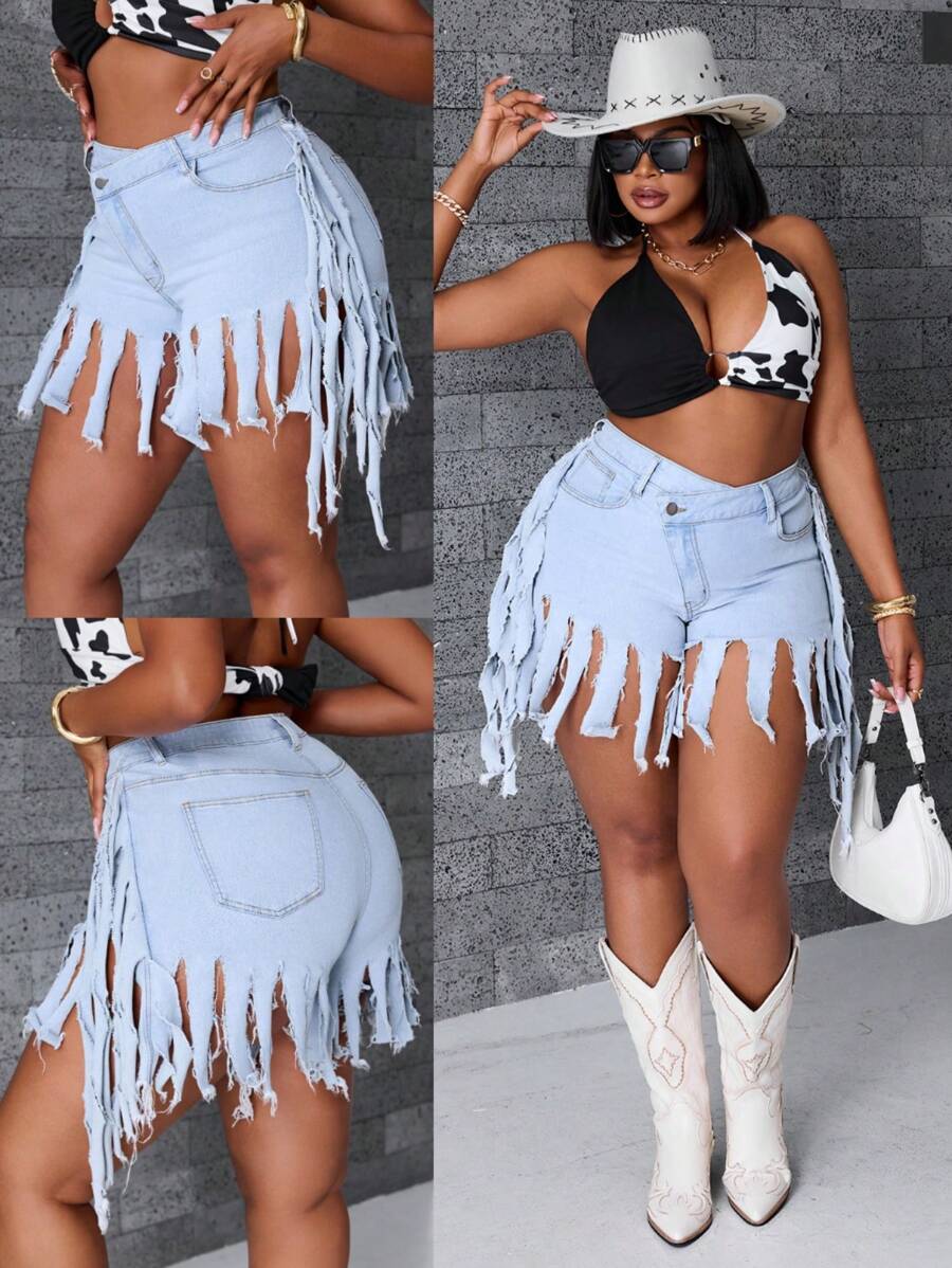 SHEIN SXY Pantaloni scurți la modă cu ciucuri de mărime Plus pentru vară