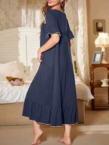 SHEIN 女士休闲蕾丝拼布方领泡泡袖宽松长款睡袍，Moo Moo - 藏蓝色 - 查看 2