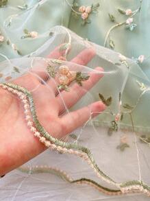 少女优雅纹理刺绣欧根纱连衣裙，时尚精致 - 綠色 - 查看 5