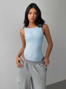 SHEIN BASICS Casual Solid Color Knit Backless Bodysuit For Women - Blue - View 5