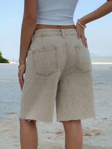 DAZY 女士夏季毛边休闲牛仔短裤 - 卡其色 - 查看 3