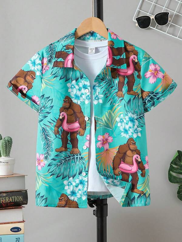 Tween Boy Cute Vacation Pattern Short Sleeve Shirt, Suitable For Beach Holiday, Travel , School, Campus, College