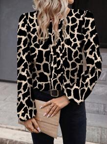 SHEIN Clasi Áo sơ mi cài nút họa tiết hình học tối giản dành cho nữ, phù hợp cho mùa thu/đông - Đen và vàng - Xem 4