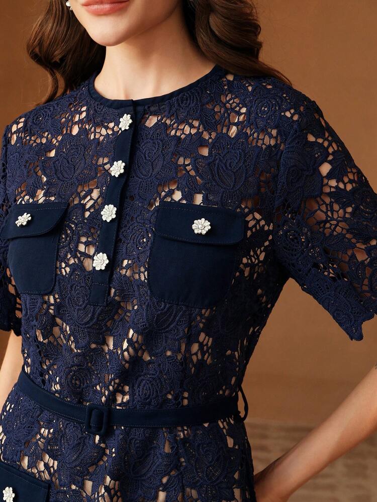 Women Elegant Blue Lace Trim Knee-Length Short Sleeve Casual Dress, Suitable For Spring, Summer, Festivals And Holiday