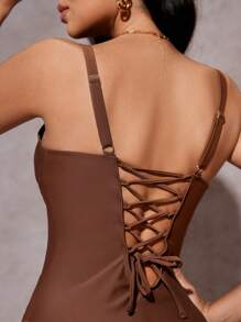 SHEIN Swim Beach Angel Tummy Control One-Piece Swimsuit For Summer Beach Vacation - Brown - View 7