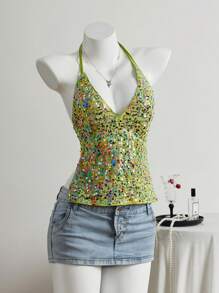 Women's Solid Color Sequin Fashion Halter Neck Camisole - Green - View 1