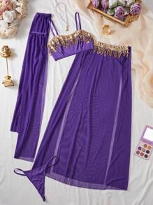 5 件套女士亮片流苏网眼文胸套装，无钢圈 - 紫色 - 查看 6