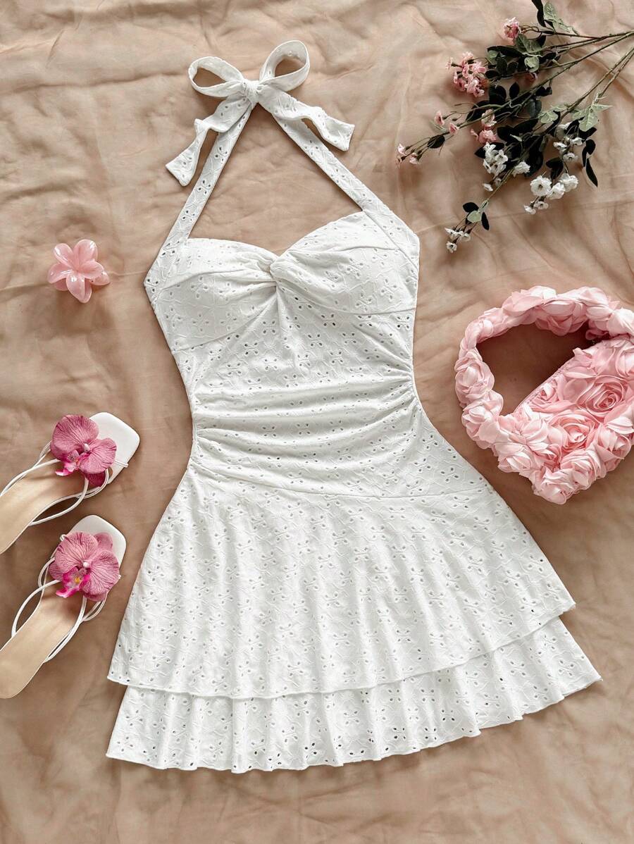 Soleia 女式夏季度假风格纯色网眼刺绣吊带扭结紧身迷你连衣裙