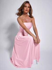 COSMINA Elegant Women's Ruched Blue Mid-Length Strapless Dress, Spring/Summer - Baby Pink - View 3
